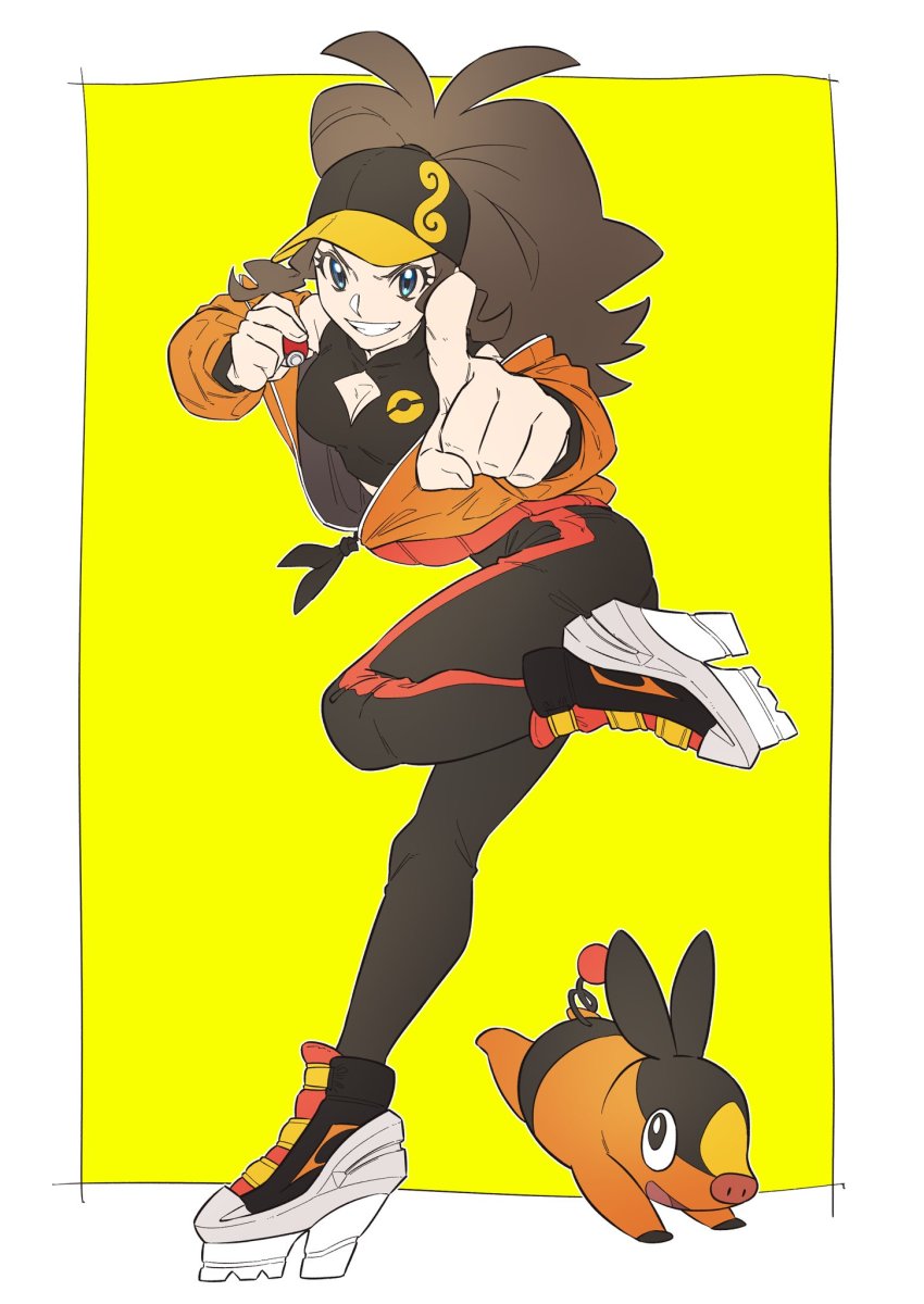 1girl, alternate_costume, antenna_hair, baseball_cap, blue_eyes, boots, border, breasts, brown_hair, commentary, eyelashes, gen_5_pokemon, grin, hat, highres, hilda_(pokemon), holding, holding_poke_ball, jacket, leg_up, leggings, long_hair, looking_at_viewer, nintendo, orange_jacket, outside_border, pkpokopoko3, platform_footwear, pointing, poke_ball, poke_ball_(basic), pokemon, pokemon_(creature), pokemon_black_and_white, shirt, sidelocks, smile, standing, standing_on_one_leg, teeth, tepig, white_border