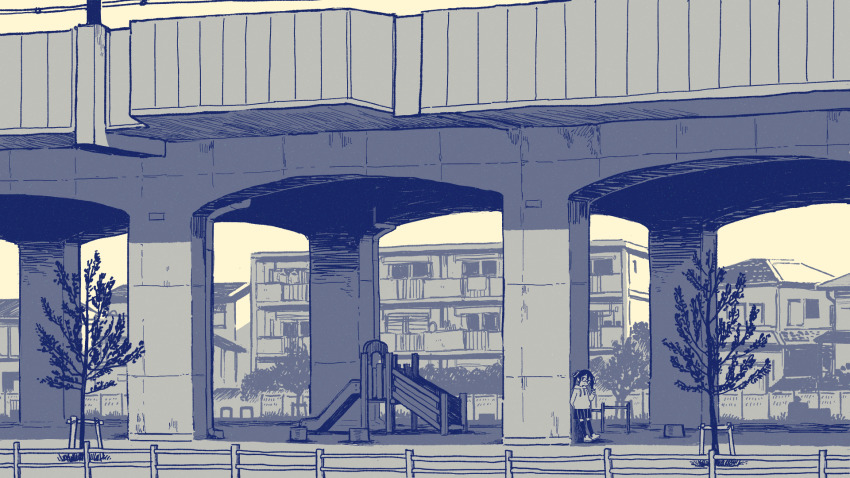 1girl, bridge, building, commentary_request, commission, day, glasses, greyscale