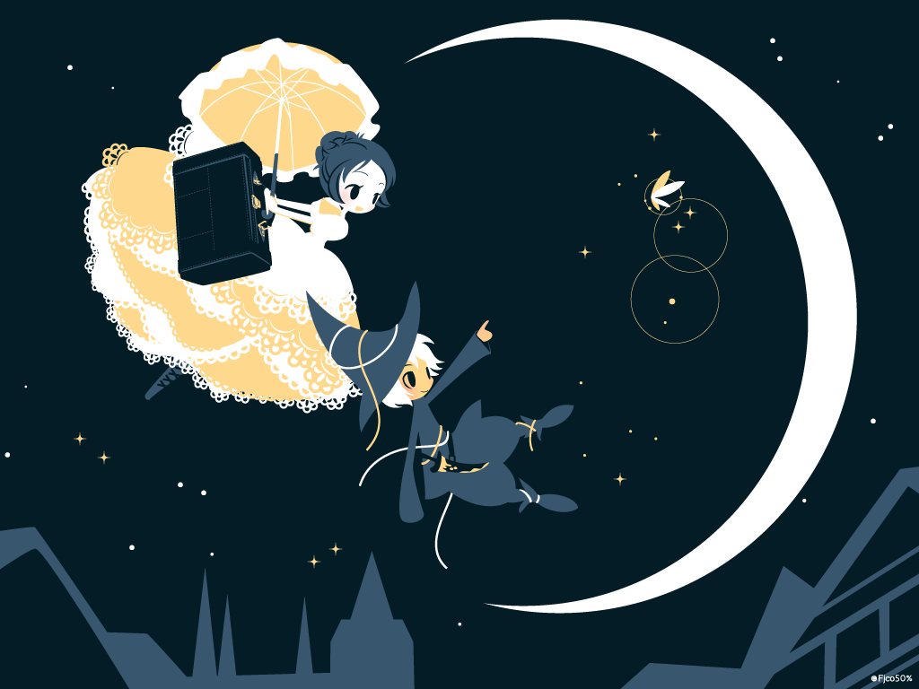 1boy, 1girl, boots, briefcase, brown_footwear, brown_hair, commentary, crescent_moon