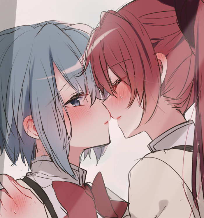 2girls, blue_eyes, blue_hair, blush, bow, closed_eyes, eyebrows, eyelashes