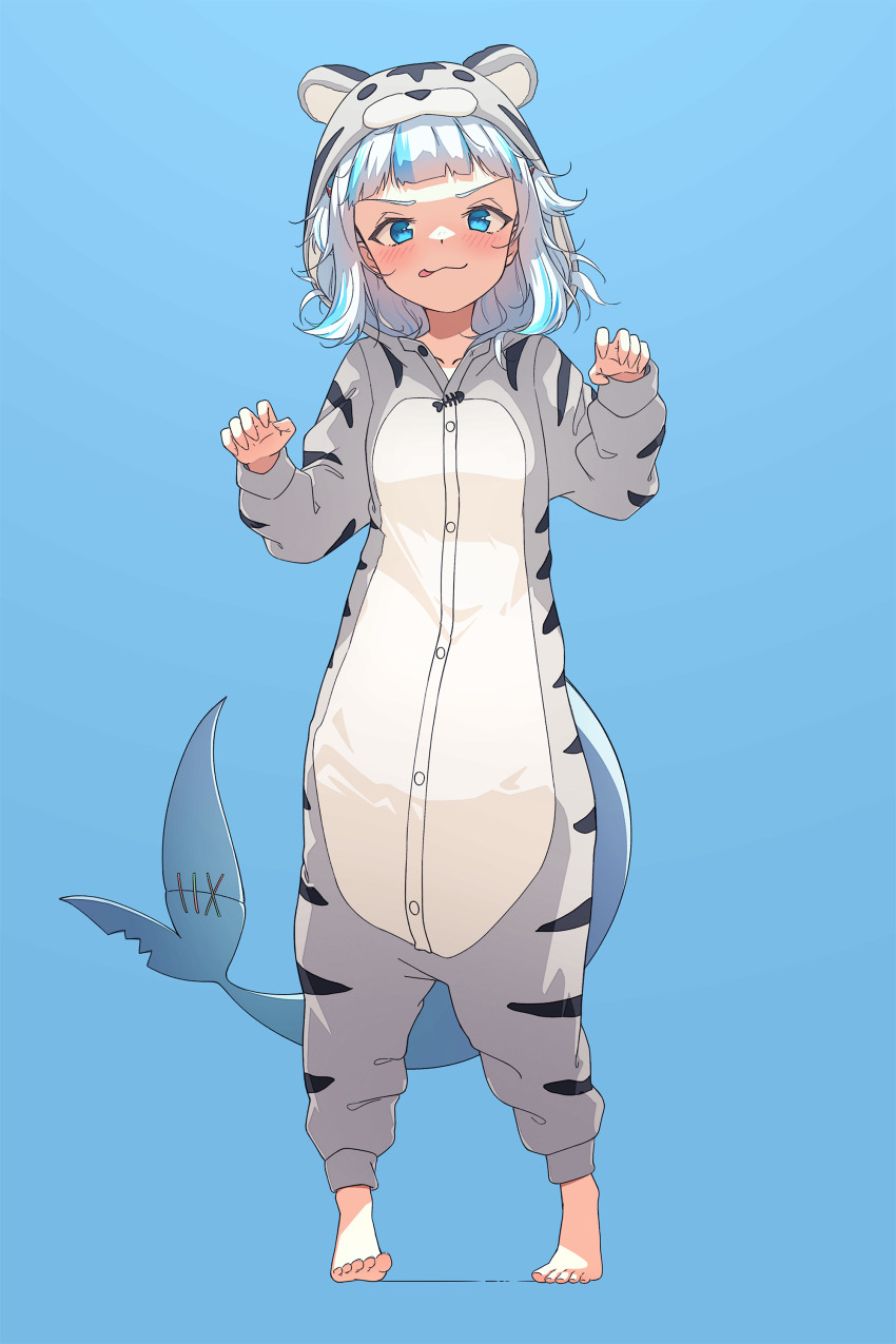 1girl, absurdres, animal_hood, barefoot, blue_background, blue_eyes, blue_hair, blunt_bangs, blush, claw_pose, feet, fins, fish_tail, full_body, gawr_gura, highres, hololive, hololive_english, hood, licking_lips, lucasyecla99, multicolored_hair, onesie, pajamas, shark_tail, short_hair, silver_hair, simple_background, smile, solo, standing, streaked_hair, tail, toes, tongue, tongue_out, v-shaped_eyebrows, virtual_youtuber, white_tiger_print