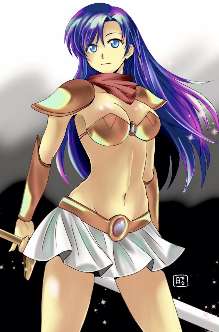 1girl, armor, asou_yuuko, bandana, bikini_armor, blue_eyes, blue_hair, breasts, cleavage, closed_mouth, commentary_request, cowboy_shot, gem, gold_armor, highres, long_hair, metal, midriff, miniskirt, mugen_senshi_valis, navel, okobore_de_shou, red_bandana, red_scarf, revealing_clothes, scarf, shoulder_pads, skirt, stomach, sword, vambraces, weapon, white_skirt