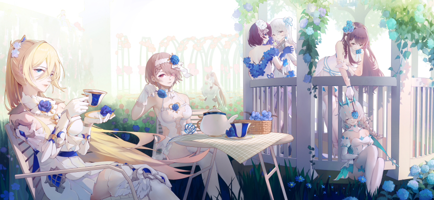 6+girls, bare_shoulders, basket, blonde_hair, blue_eyes, blue_flower, blue_gloves, blue_hair