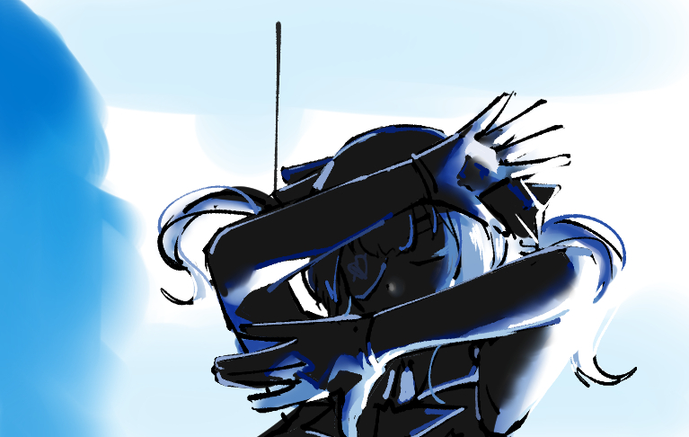 1girl, arms_up, arrow_through_heart, ascot, backlighting, blue_theme, closed_eyes, daisuke_(beatmania)