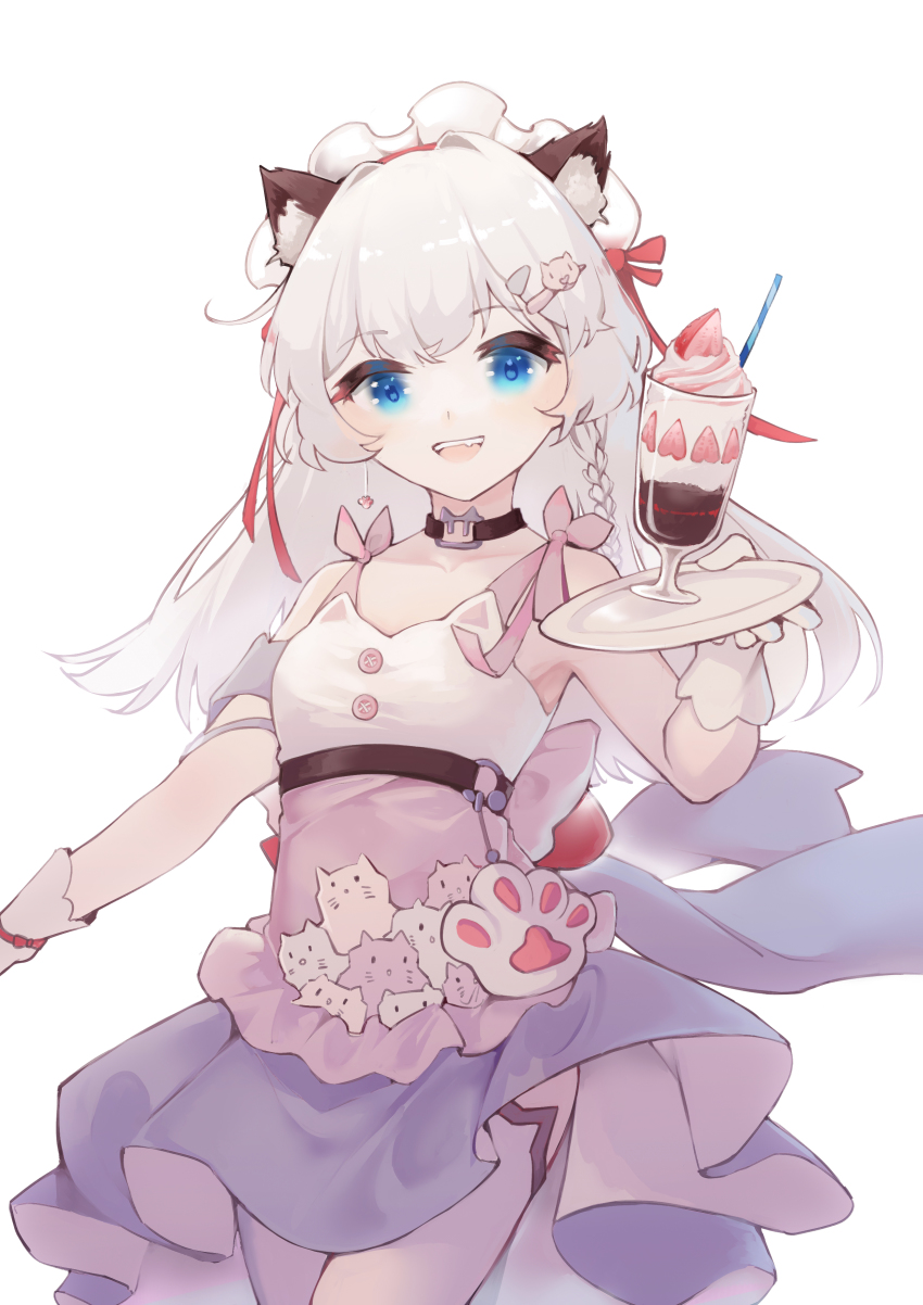 1girl, :d, absurdres, animal_ears, apron, armpits, bare_shoulders, black_choker