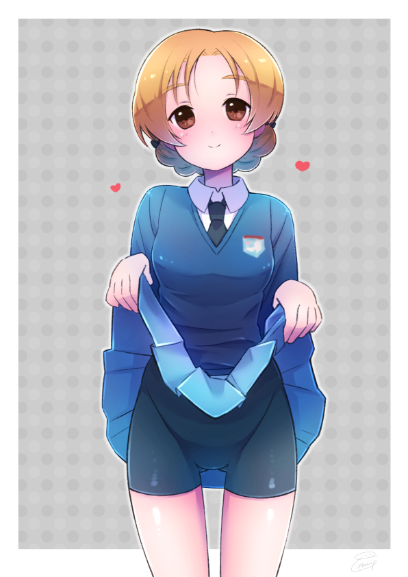 1girl, artist_name, bike_shorts, bike_shorts_under_skirt, black_necktie, black_shorts, blue_eyes, blue_skirt