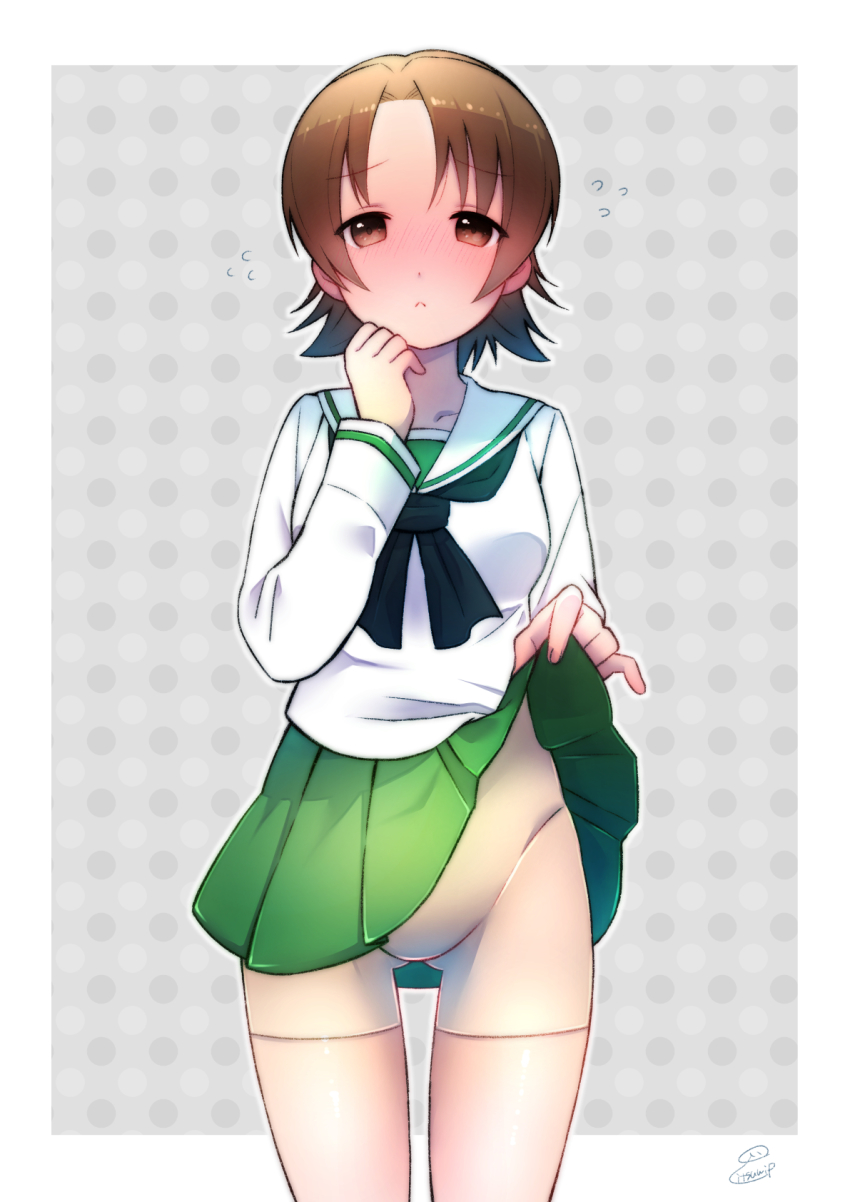 1girl, artist_name, bike_shorts, bike_shorts_under_skirt, black_neckerchief, blouse, blush, brown_eyes