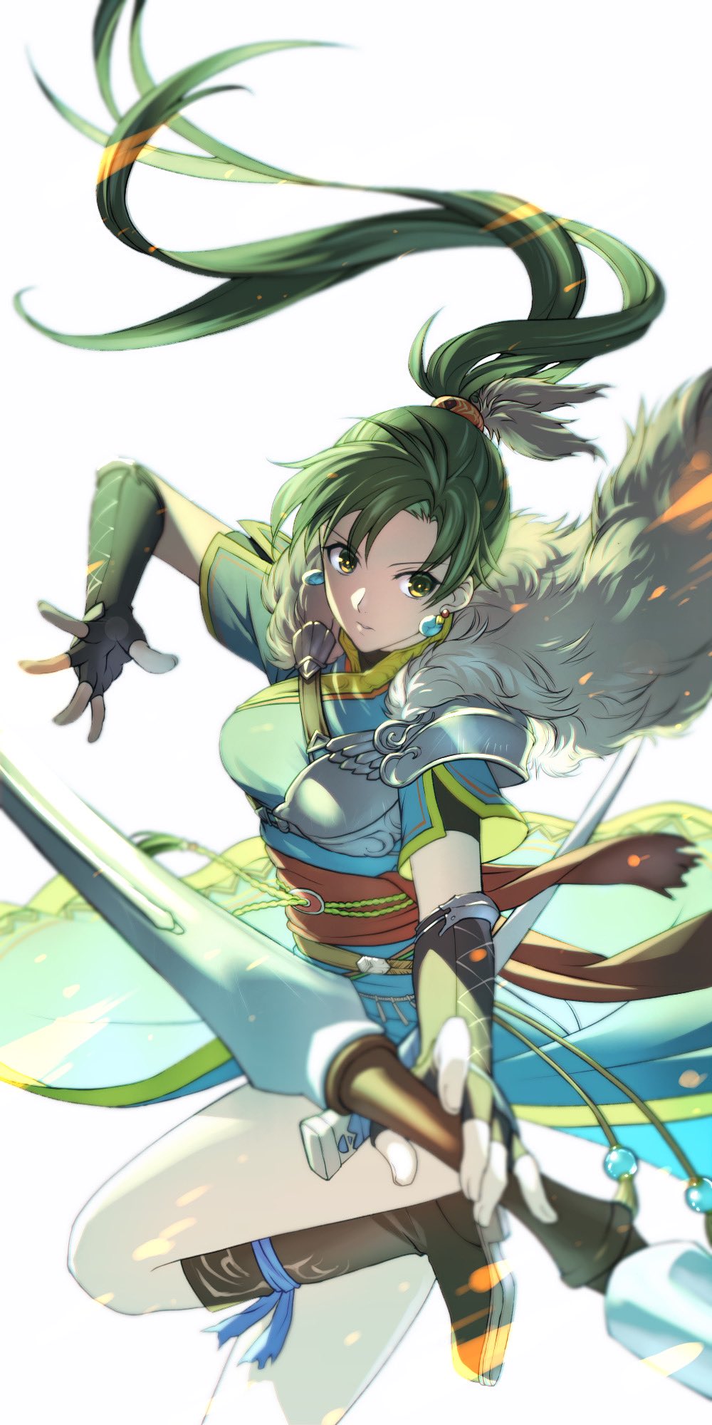 1girl, armor, blue_dress, boots, bow_(weapon), breastplate, capelet, dress