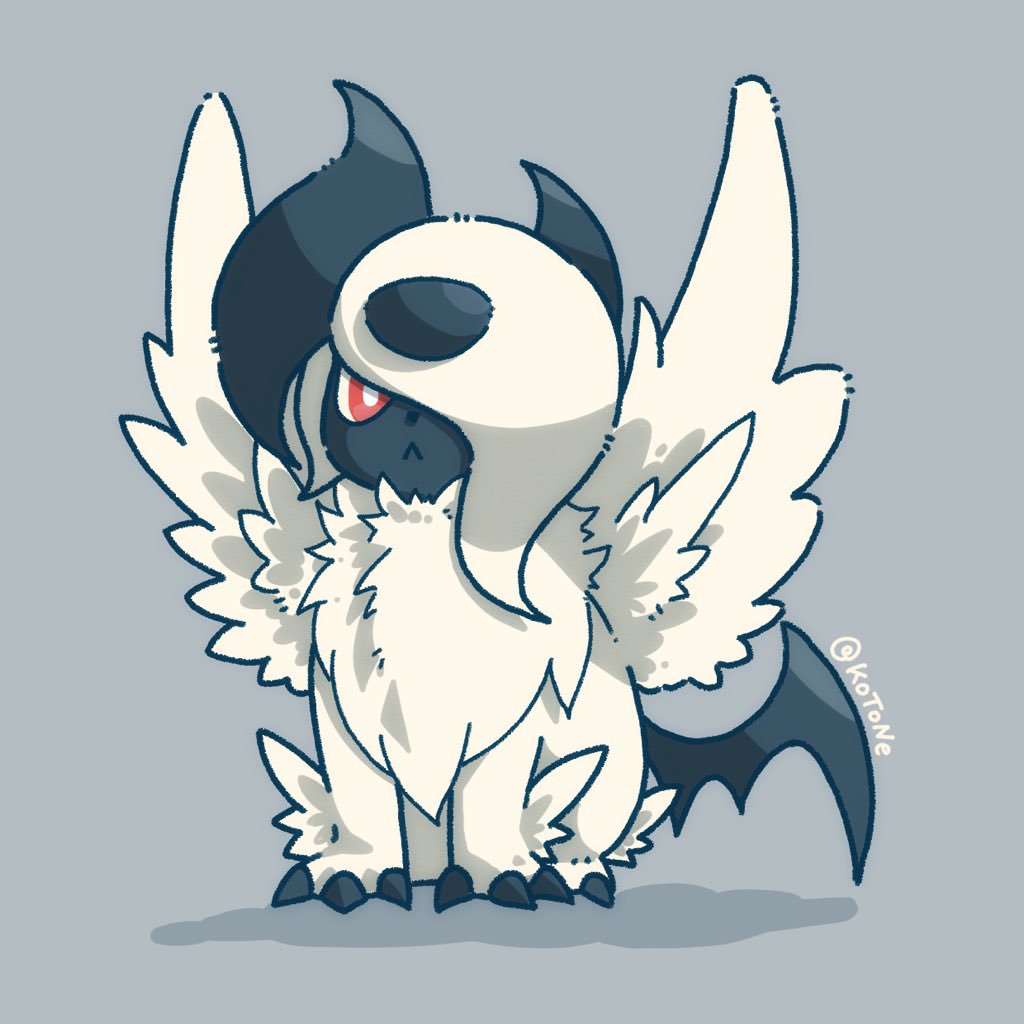 :<, absol, bright_pupils, claws, closed_mouth, commentary_request, frown, full_body, gen_3_pokemon, grey_background, kotone_(kotone11152), mega_absol, mega_pokemon, nintendo, no_humans, pokemon, pokemon_(creature), red_eyes, sitting, solo, twitter_username, white_fur, white_pupils
