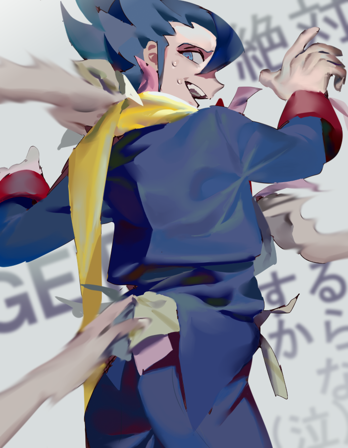1boy, black_hair, blurry, commentary_request, grey_background, grimsley_(pokemon), gyakumushi, jacket