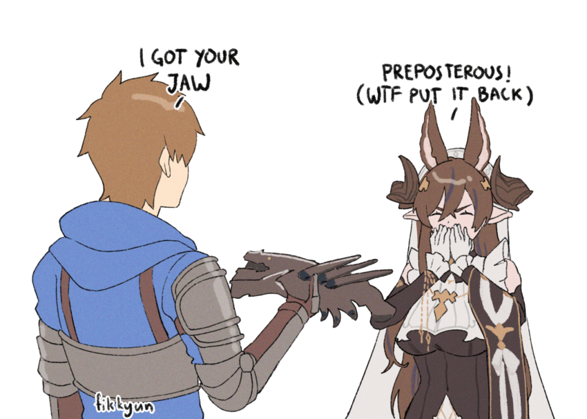 animal_ears, asymmetrical_clothes, asymmetrical_hair, breasts, brown_hair, chest_armor, detached_sleeves, english_text