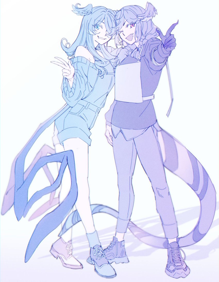 2girls, black_sweater, blue_sweater, craneace, dragon_tail, elira_pendora, elira_pendora_(1st_costume), fang