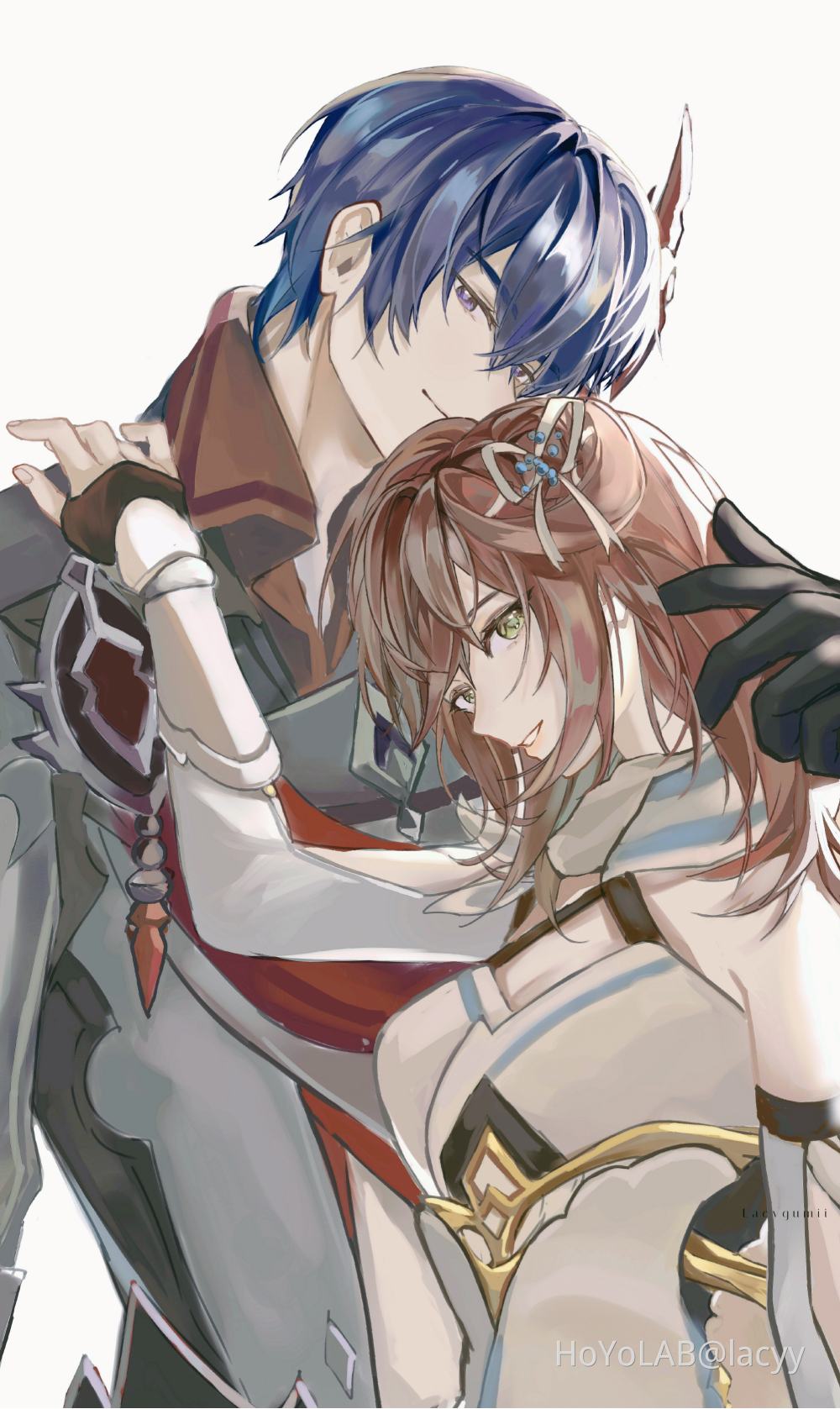 1boy, 1girl, bare_shoulders, breasts, brown_coat, brown_hair, cleavage, closed_mouth