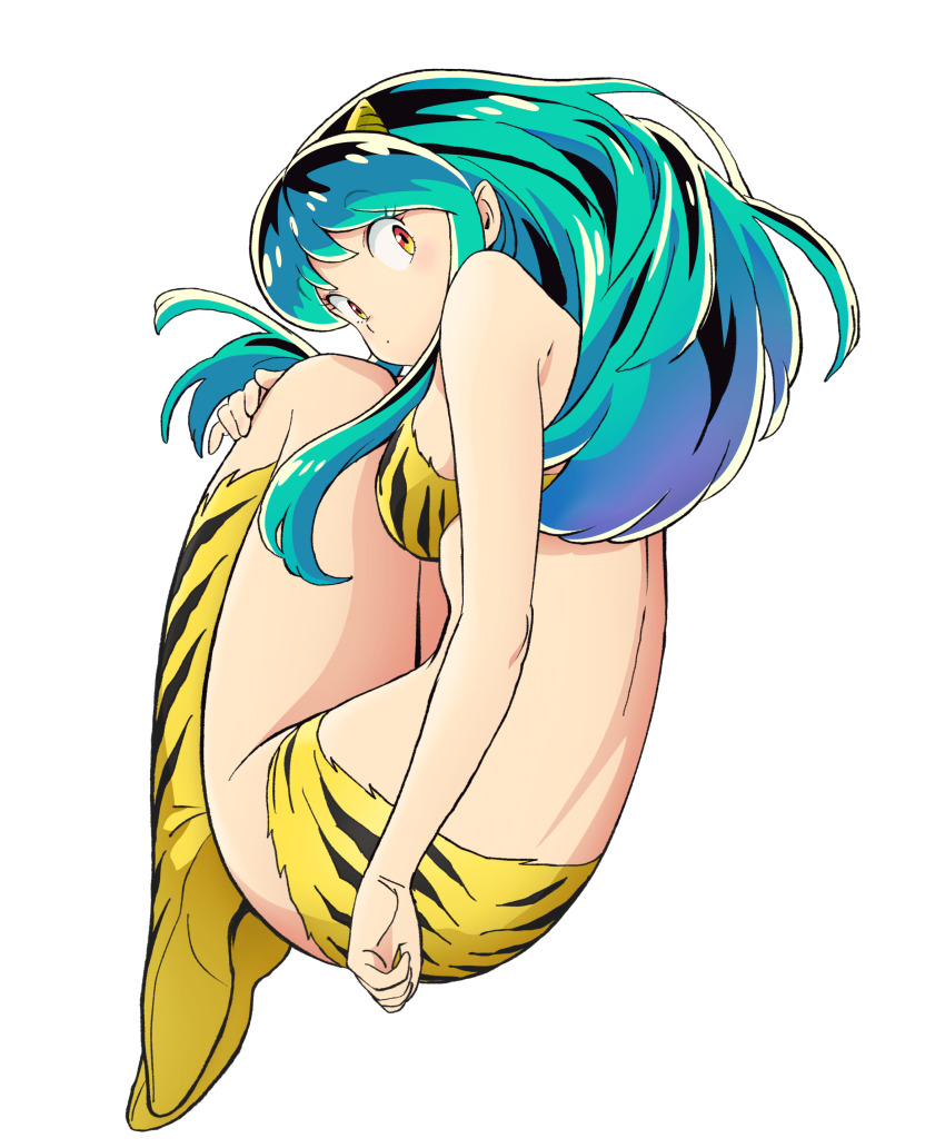 1girl, absurdres, asano_naoyuki, ass, bikini, boots, cone_horns, full_body, green_hair, hand_on_own_knee, highres, horns, knee_boots, legs_folded, long_hair, looking_at_viewer, lum, official_art, oni, orange_eyes, photoshop_(medium), pointy_ears, solo, strapless, strapless_bikini, swimsuit, tiger_stripes, transparent_background, urusei_yatsura