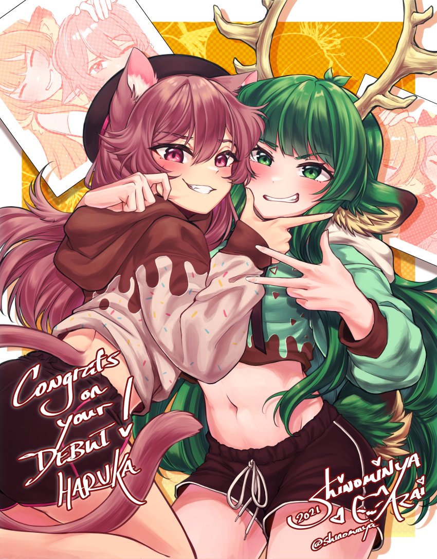 !, 2021, 2girls, absurdres, animal_ears, antlers, arai_shinomiya, artist_name, blush, cat_ears, cat_girl, cat_tail, character_name, commentary, cowboy_shot, dated, english_commentary, fang, green_eyes, green_hair, hair_between_eyes, haruka_karibu, hat, highres, horns, indie_virtual_youtuber, long_hair, looking_at_viewer, multiple_girls, navel, parted_lips, pink_eyes, pink_hair, shinomiya_arts, shorts, tail, teeth, twitter_username, v, virtual_youtuber, watermark