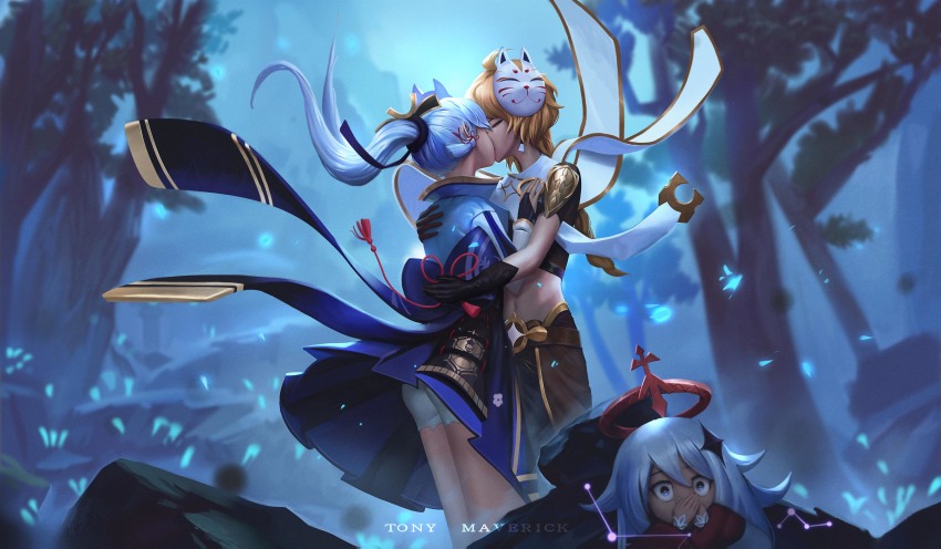 1boy, 2girls, aether_(genshin_impact), ahoge, arm_around_another's_back, arm_guards, armor, armored_dress