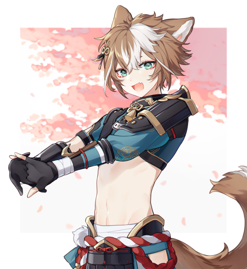 1boy, anchun_(quail0503), animal_ears, aqua_eyes, armor, bandages, black_gloves, brown_hair, clothing_cutout, dog_boy, dog_ears, dog_tail, eyeshadow, fang, genshin_impact, gloves, gorou_(genshin_impact), hair_between_eyes, hair_ornament, highres, hip_vent, japanese_armor, japanese_clothes, looking_at_viewer, makeup, male_focus, multicolored_hair, open_mouth, partially_fingerless_gloves, petals, red_eyeshadow, simple_background, skin_fang, solo, stretching, tail, white_hair