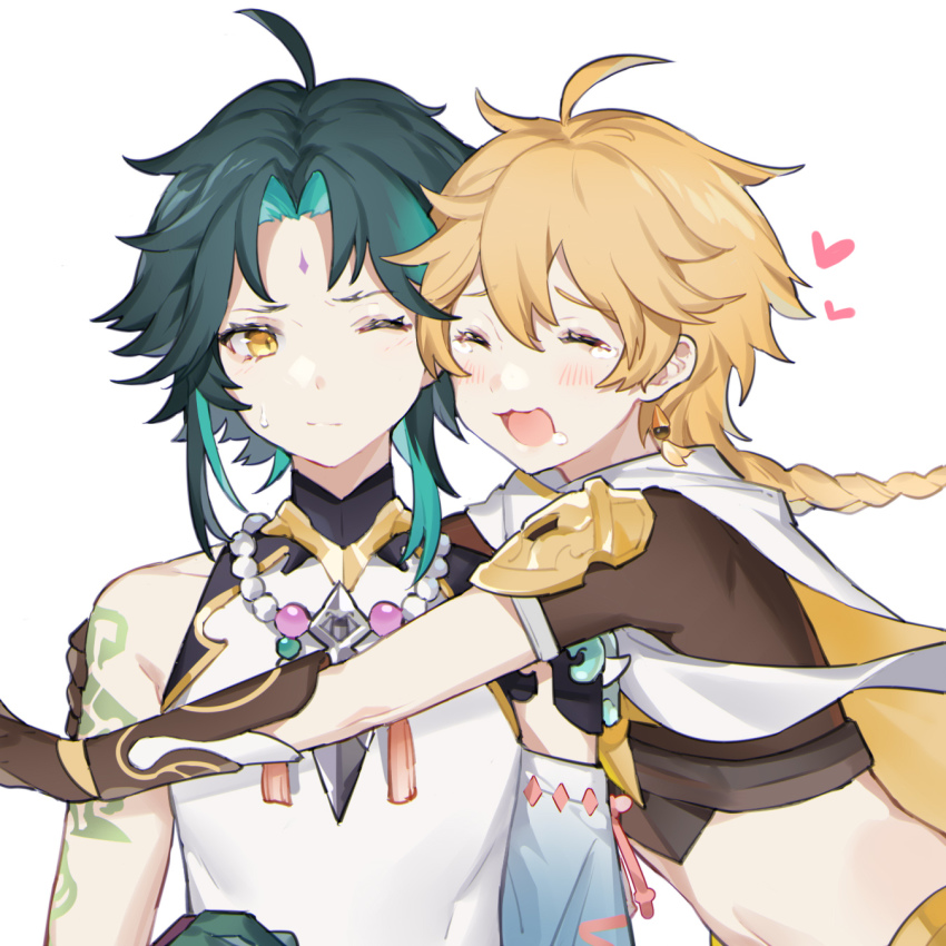 2boys, :3, aether_(genshin_impact), anchun_(quail0503), arm_tattoo, bead_necklace, beads, black_hair