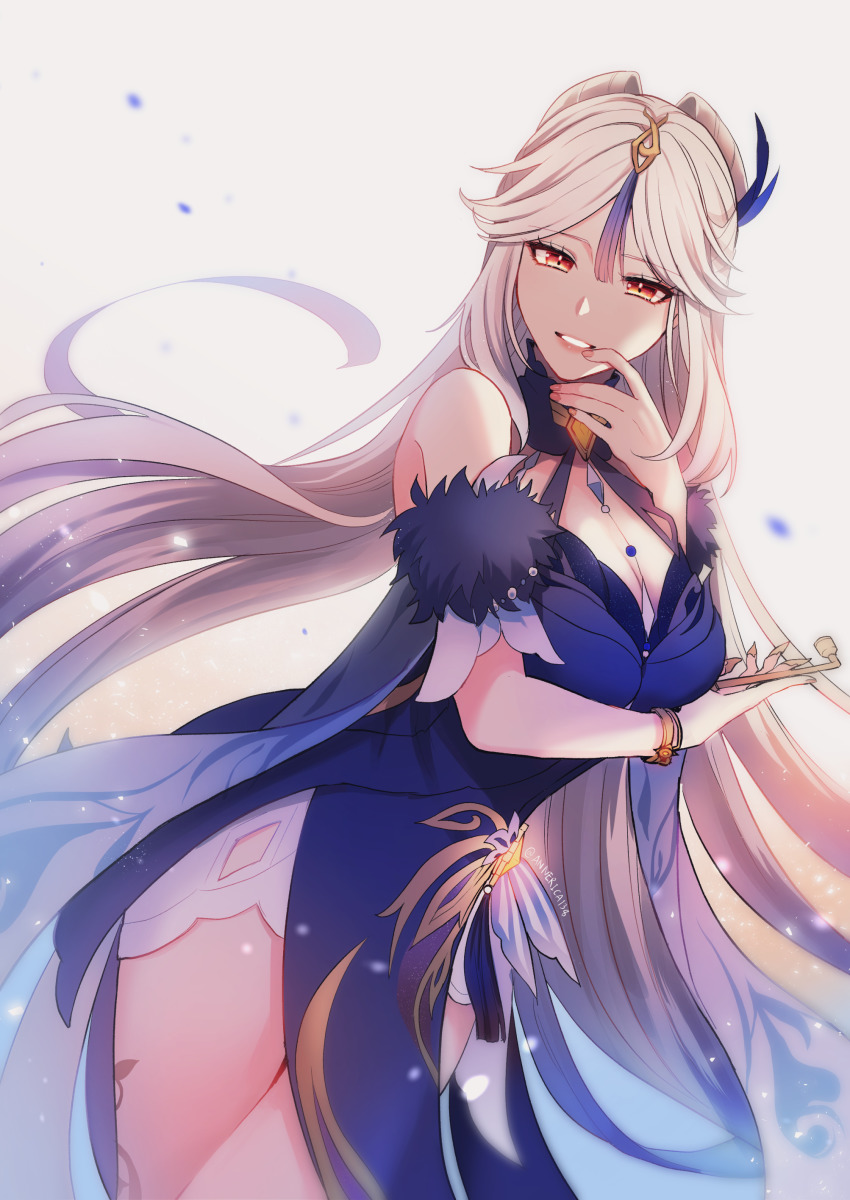 1girl, absurdres, annerica, arm_up, bare_shoulders, beads, blue_collar, blue_dress, blush, bracelet, breasts, cleavage, collar, commentary_request, detached_sleeves, dress, eyelashes, feet_out_of_frame, finger_to_mouth, fingernails, fur_trim, genshin_impact, hair_ornament, hair_stick, hair_tassel, half_updo, highres, holding, jewelry, kiseru, lips, long_hair, looking_at_viewer, medium_breasts, nail_polish, ningguang_(genshin_impact), ningguang_(orchid's_evening_gown)_(genshin_impact), off-shoulder_dress, off_shoulder, official_alternate_costume, open_mouth, parted_bangs, parted_lips, pink_nails, side_slit, sidelocks, simple_background, smile, smoke, smoking, smoking_pipe, solo, standing, strapless, strapless_dress, tassel, tassel_hair_ornament, teeth, thighs, twitter_username, upper_body, very_long_hair, vision_(genshin_impact), white_background, white_hair