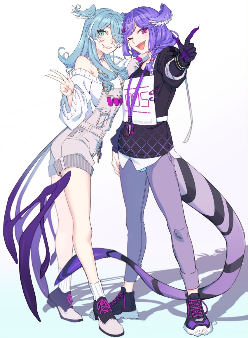 2girls, black_sweater, blue_eyes, braid, breasts, craneace, dragon_tail, elira_pendora, elira_pendora_(1st_costume), fang, finger_gun, gloves, grey_gloves, grey_overalls, hair_over_one_eye, hand_on_another's_shoulder, head_wings, highres, long_hair, low_wings, medium_breasts, medium_hair, mole, multiple_girls, nijisanji, nijisanji_en, off_shoulder, one_eye_closed, one_eye_covered, open_mouth, overall_shorts, overalls, pants, purple_eyes, purple_pants, selen_tatsuki, selen_tatsuki_(1st_costume), shadow, shoes, siblings, single_glove, sisters, skin_fang, smile, sneakers, standing, sweater, tail, twin_braids, untied_shoelaces, v, virtual_youtuber, white_background, white_sweater, wings