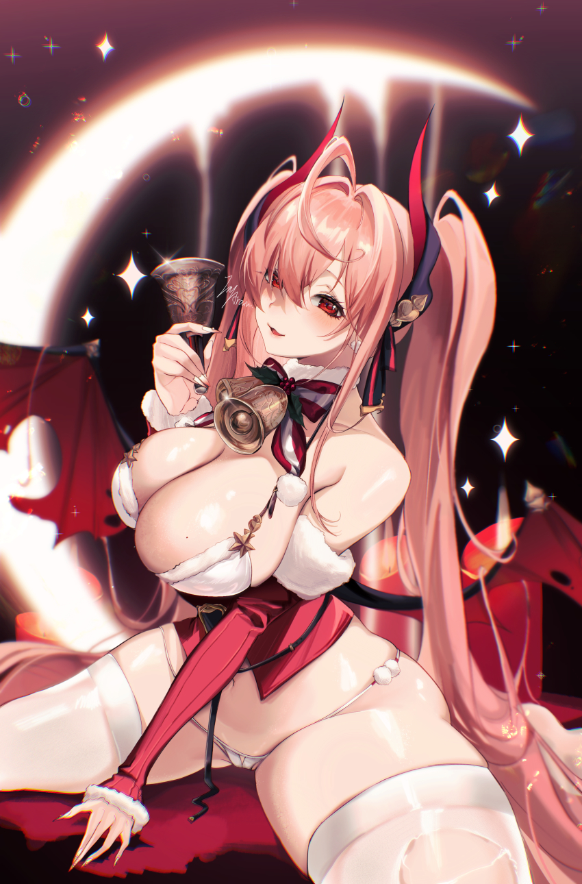 1girl, absurdres, ahoge, aramu, bare_shoulders, bell, blush, bra, breasts, candle, destiny_child, fingernails, grilla, highres, holding, holding_bell, holly, horns, korean_commentary, large_breasts, long_fingernails, long_hair, mole, mole_on_breast, moon, navel, panties, red_eyes, signature, sparkle, thighhighs, thighs, torn_clothes, torn_legwear, torn_wings, underwear, very_long_hair, white_bra, white_panties, white_thighhighs, wings