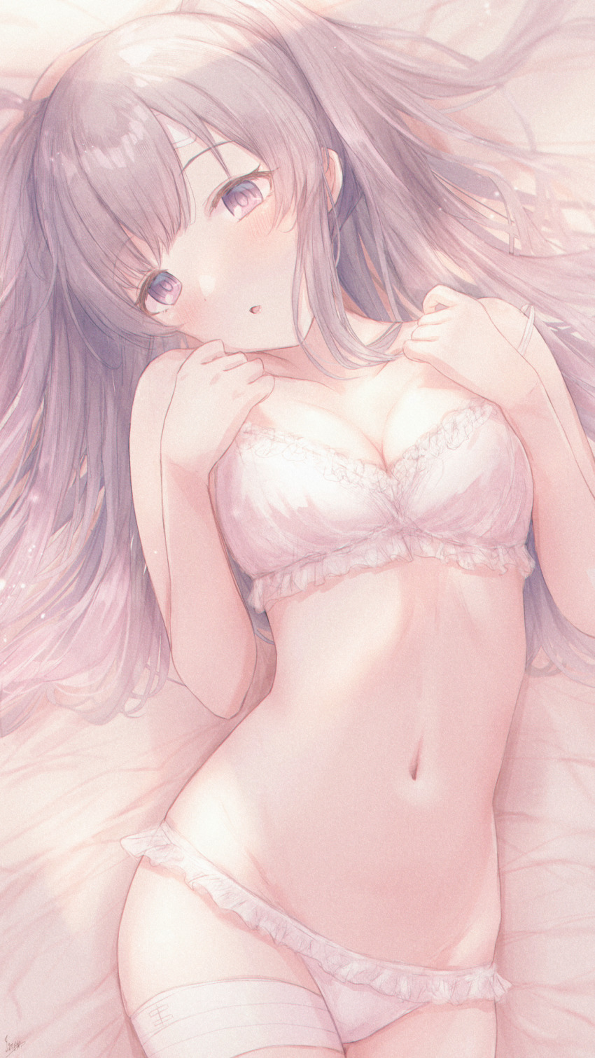 1girl, bare_arms, bed_sheet, blush, bra, breasts, cleavage, collarbone