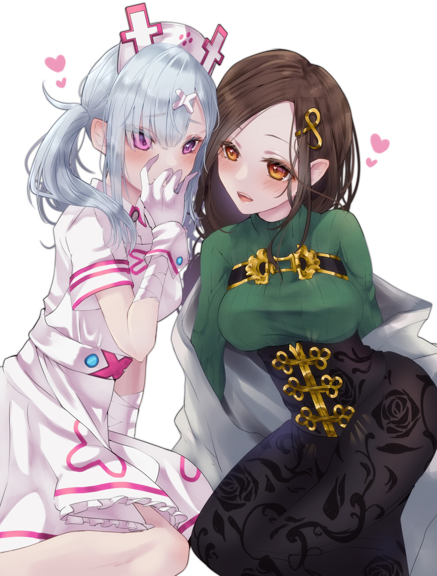 2girls, absurdres, black_skirt, breasts, brown_eyes, brown_hair, couple, dress