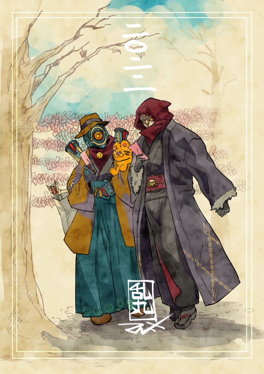 2boys, absurdres, apex_legends, bare_tree, black_jacket, blue_pants, brown_jacket, clothed_robot