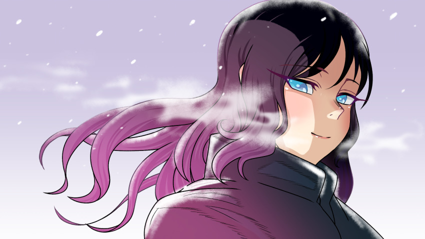 1girl, alternate_hairstyle, animification, apex_legends, black_hair, black_jacket, blue_eyes, blush, breath, floating_hair, gradient_hair, haguki, highres, jacket, looking_at_viewer, medium_hair, multicolored_hair, portrait, purple_hair, smile, solo, wraith_(apex_legends)