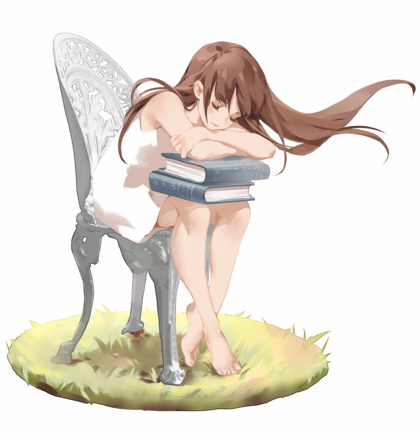 1girl, bad_id, bad_pixiv_id, barefoot, blush, book, brown_hair, chair
