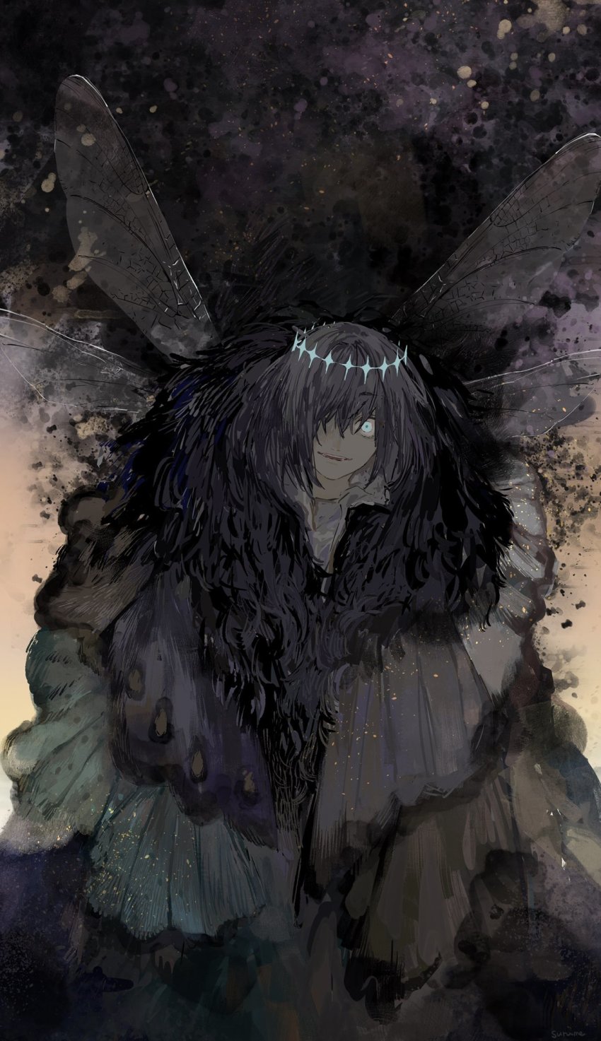 1boy, blue_eyes, butterfly_wings, crown, darkness, fate/grand_order, fate_(series), grey_hair