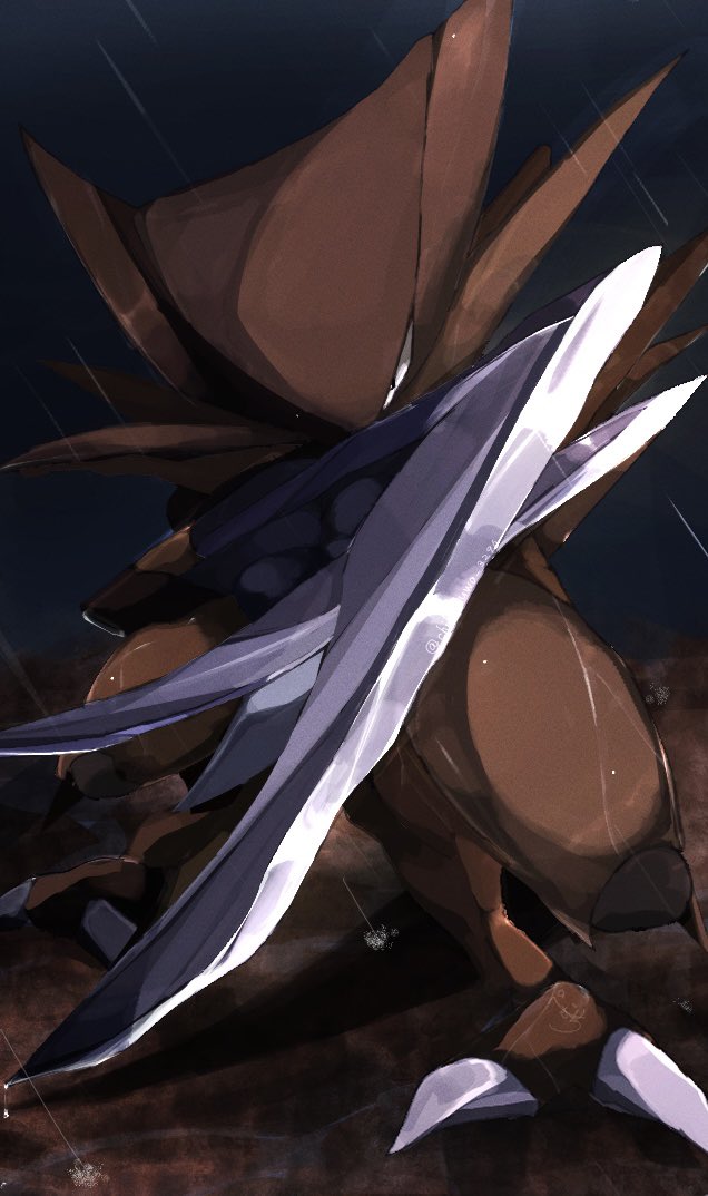 black_eyes, blade, claws, commentary_request, gen_1_pokemon, kabutops, looking_at_viewer, nintendo, no_humans, pemuchi_(chikuwa_3296), pokemon, pokemon_(creature), rain, solo, standing, wet