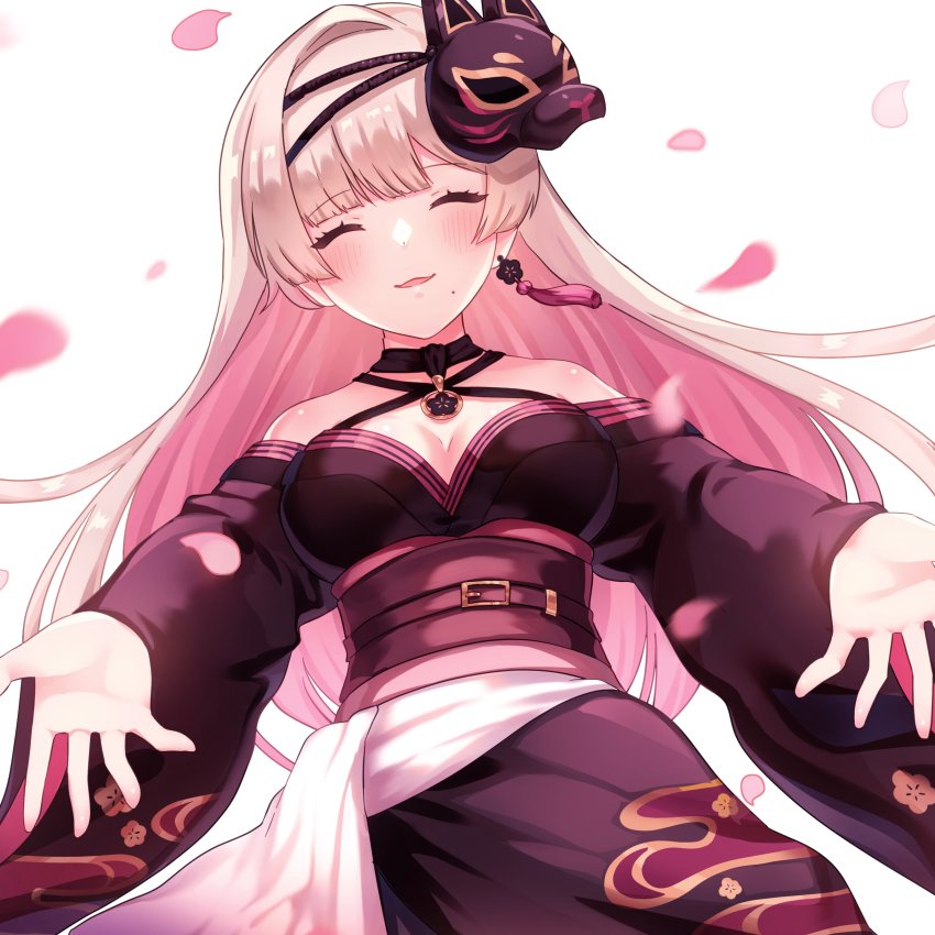 1girl, ^_^, absurdres, bare_shoulders, blonde_hair, blunt_bangs, blush, breasts, cleavage, closed_eyes, commentary, cropped, earrings, english_commentary, facing_viewer, fox_mask, highres, hinoe_mo25, japanese_clothes, jewelry, kimono, large_breasts, long_hair, makurano_neena, mask, mask_on_head, mole, mole_under_mouth, multicolored_hair, outstretched_arms, petals, pink_hair, production_kawaii, second-party_source, simple_background, single_earring, solo, virtual_youtuber, white_background
