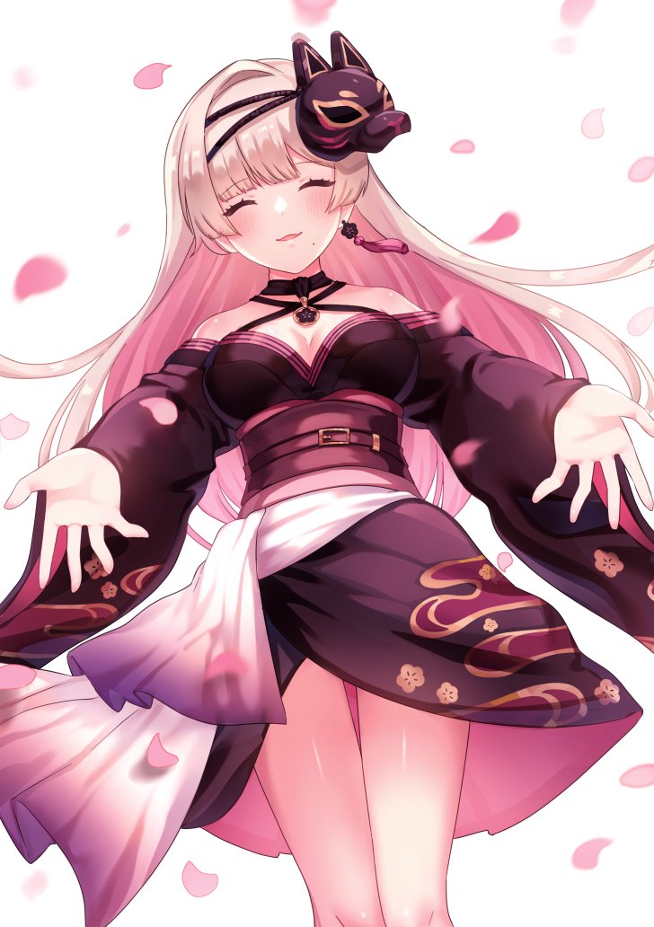 1girl, ^_^, bare_shoulders, blonde_hair, blunt_bangs, blush, breasts, cleavage