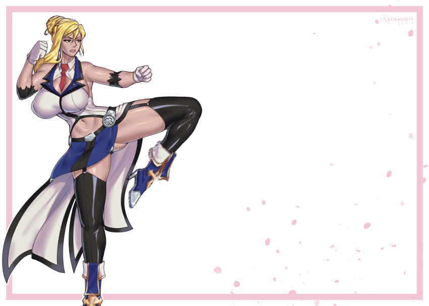 1girl, black_thighhighs, blazblue, blazblue_remix_heart, blonde_hair, breasts, cleavage, estella_mckenzie