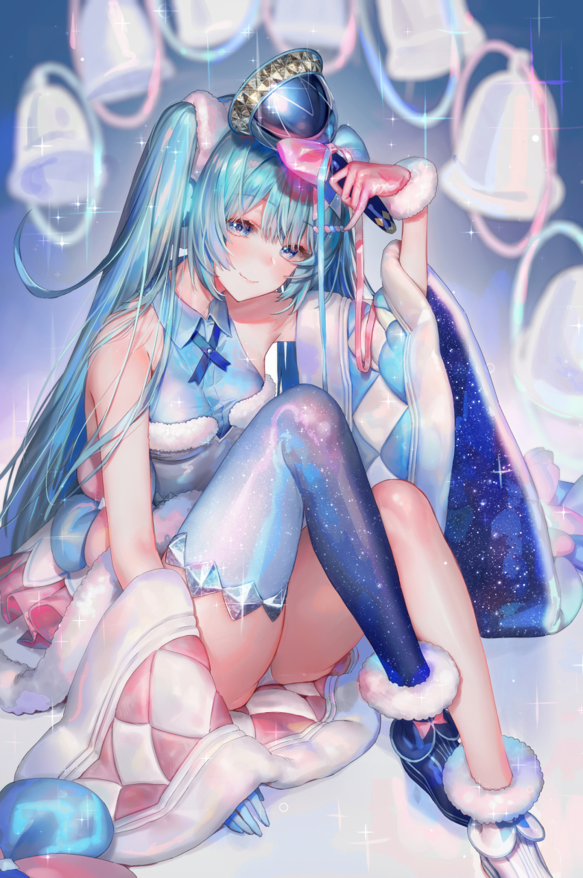 1girl, aqua_hair, asymmetrical_footwear, asymmetrical_gloves, bare_shoulders, bell, blue_eyes, blue_flower, blue_gloves, blue_thighhighs, blurry, blush, breasts, depth_of_field, detached_sleeves, dress, feet_out_of_frame, flower, fur-trimmed_footwear, fur-trimmed_gloves, fur_trim, gloves, hair_ornament, hand_up, hatsune_miku, highres, holding, holding_bell, knees_up, looking_at_viewer, magical_mirai_(vocaloid), magical_mirai_miku, magical_mirai_miku_(2020_winter), mismatched_footwear, mismatched_gloves, oohhya, panties, pantyshot, pinky_out, red_gloves, shawl, single_thighhigh, sitting, smile, sparkle, starry_sky_print, thighhighs, twintails, two-tone_bow, underwear, vocaloid, white_footwear, white_panties