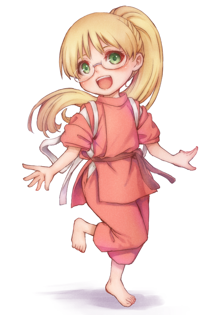 1girl, :d, barefoot, blonde_hair, clothing_cutout, cosplay, full_body, glasses, green_eyes, highres, hip_vent, japanese_clothes, kodue55, long_hair, looking_at_viewer, made_in_abyss, ogino_chihiro, ogino_chihiro_(cosplay), open_mouth, pants, ponytail, riko_(made_in_abyss), sash, sen_to_chihiro_no_kamikakushi, simple_background, smile, solo, standing, standing_on_one_leg, studio_ghibli, tasuki, white_background