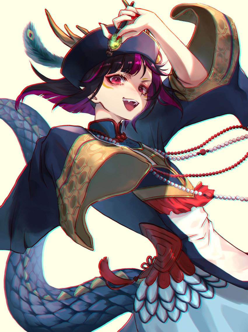 1boy, androgynous, asagizuisen, black_hair, dragon_tail, fang, fangs, hat