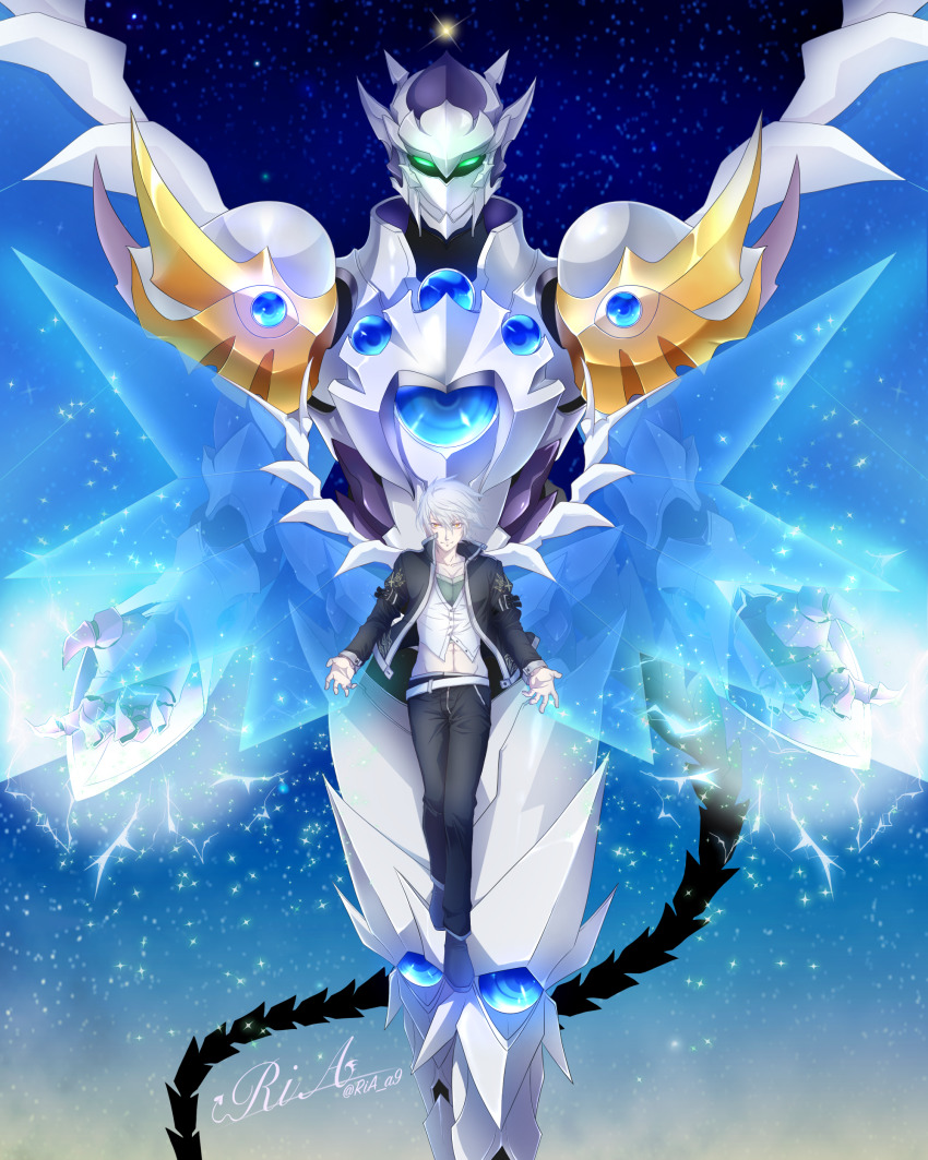1boy, absurdres, armor, collared_shirt, divine_dividing, energy_wings, full_armor, gauntlets