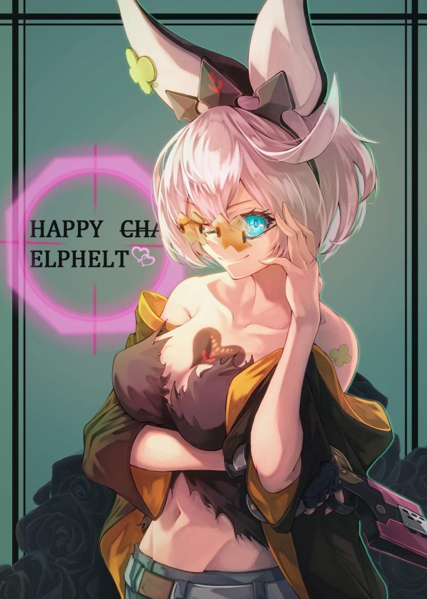 1girl, adjusting_eyewear, adjusting_glasses, ahoge, aiming, animal_ears, black_flower, black_rose