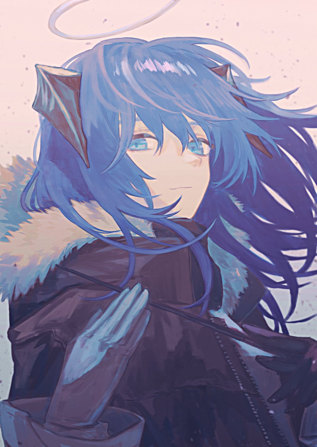 1girl, arknights, black_coat, black_gloves, blue_eyes, blue_hair, closed_mouth, coat