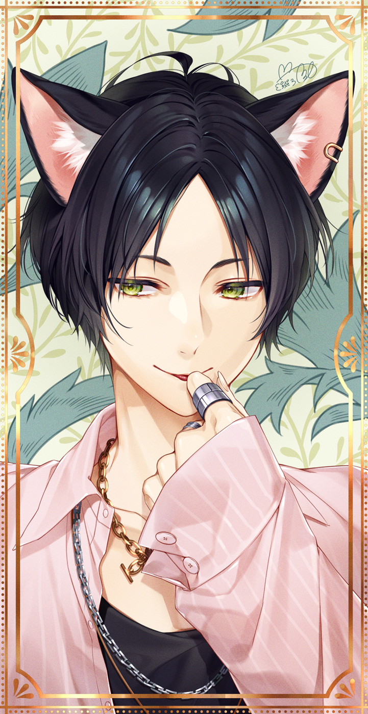 1boy, :p, ahoge, animal_ear_fluff, animal_ears, black_hair, border, cat_ears, chain, chain_necklace, cocosuke, collared_shirt, dress_shirt, earrings, finger_to_mouth, floral_background, green_eyes, highres, jewelry, long_sleeves, looking_at_viewer, looking_away, male_focus, multiple_rings, necklace, original, pink_shirt, portrait, ring, shirt, short_hair, sideways_glance, signature, single_earring, smirk, solo, tongue, tongue_out, undershirt