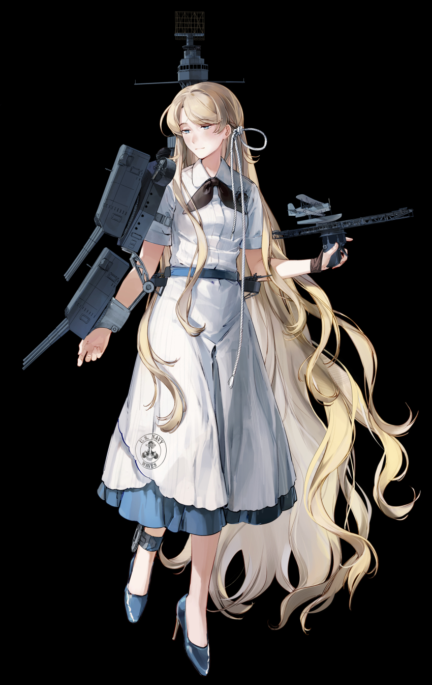 1girl, absurdly_long_hair, absurdres, aircraft, airplane, biplane, black_background, black_neckerchief