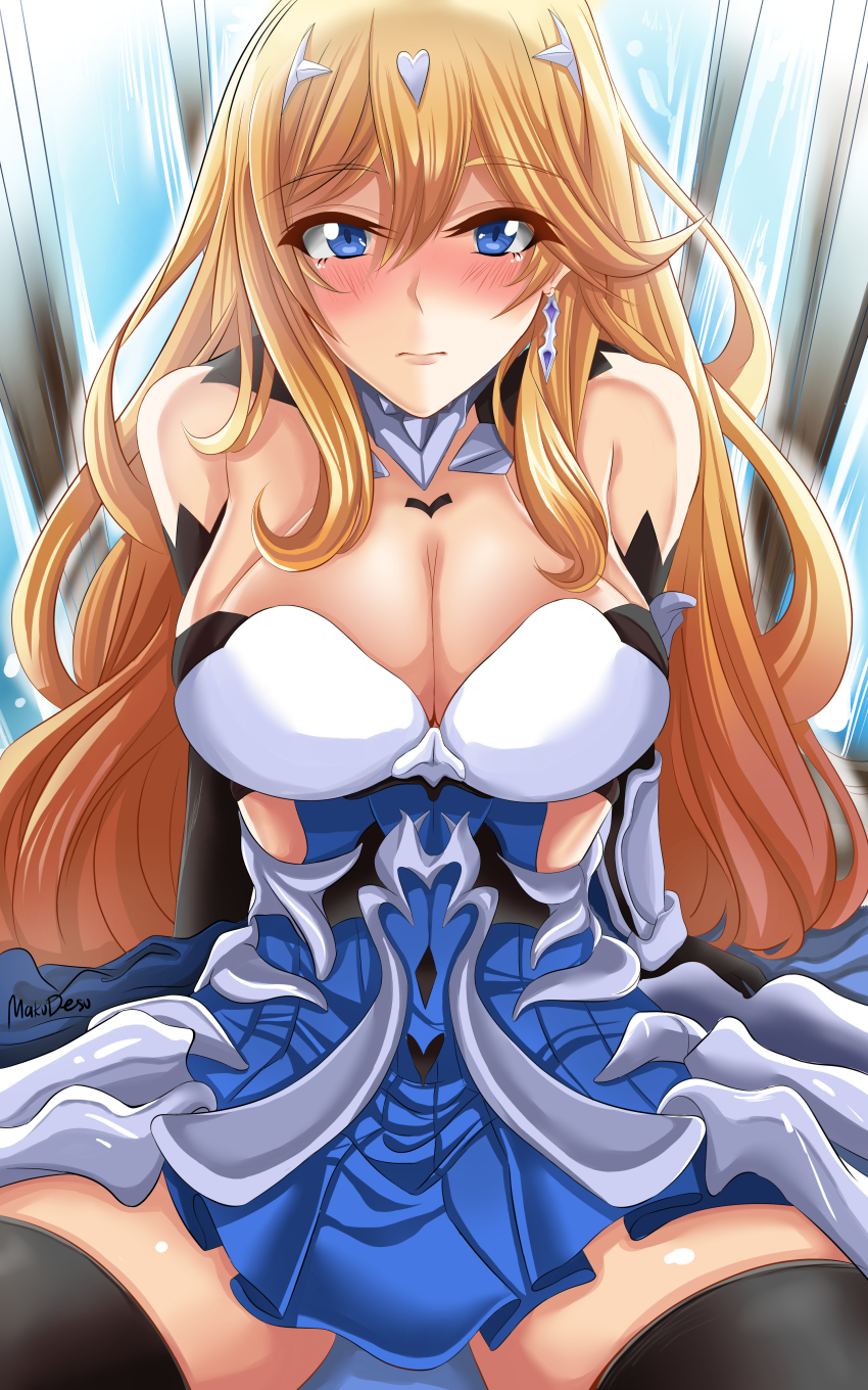 1girl, absurdres, armor, armored_dress, bare_shoulders, black_thighhighs, blonde_hair, blue_eyes