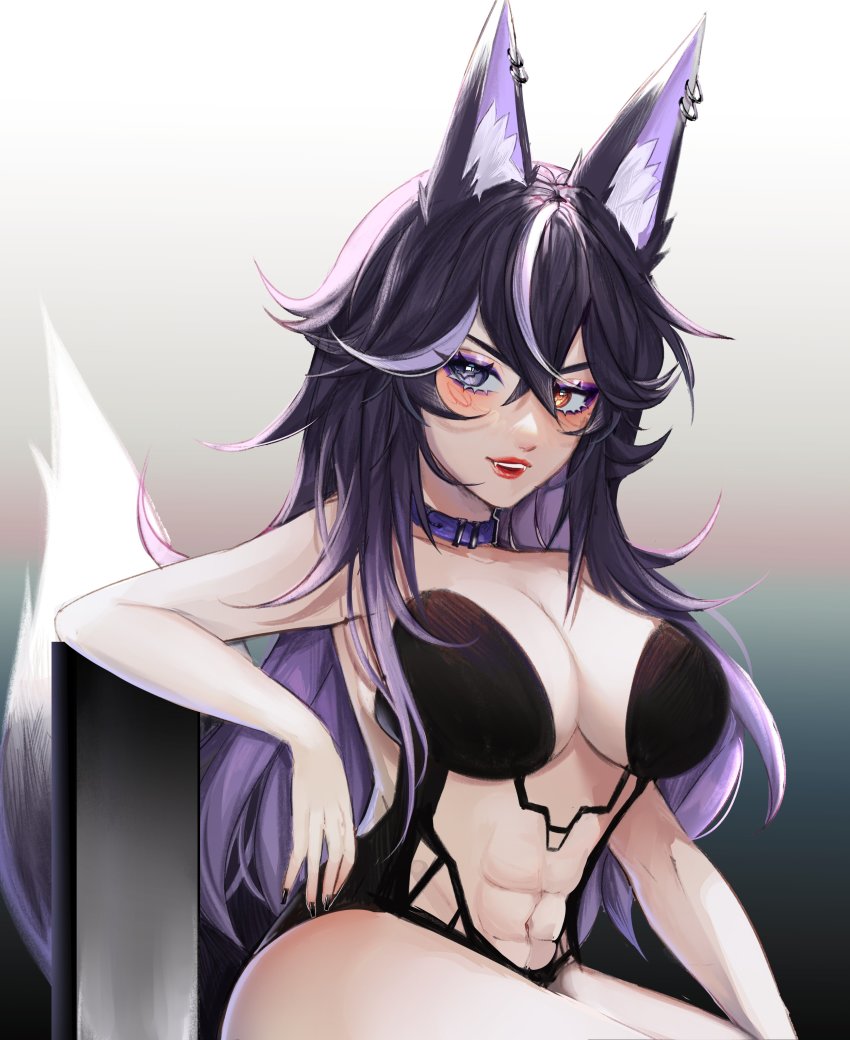1girl, abs, absurdres, animal_ears, black_hair, blush, breasts, collar
