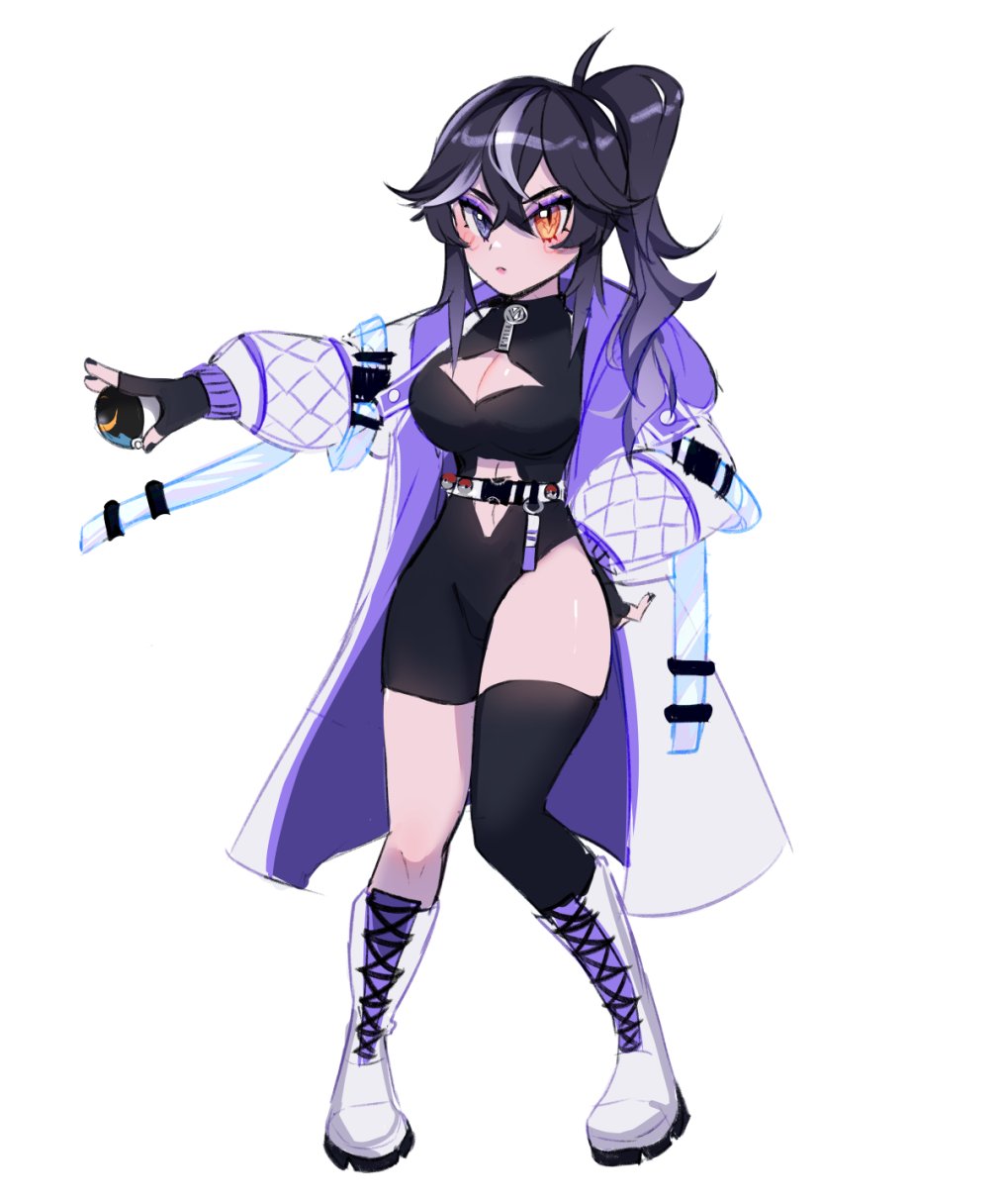 animal_ears, black_gloves, black_hair, black_leotard, black_nails, blue_eyes, boots, breasts