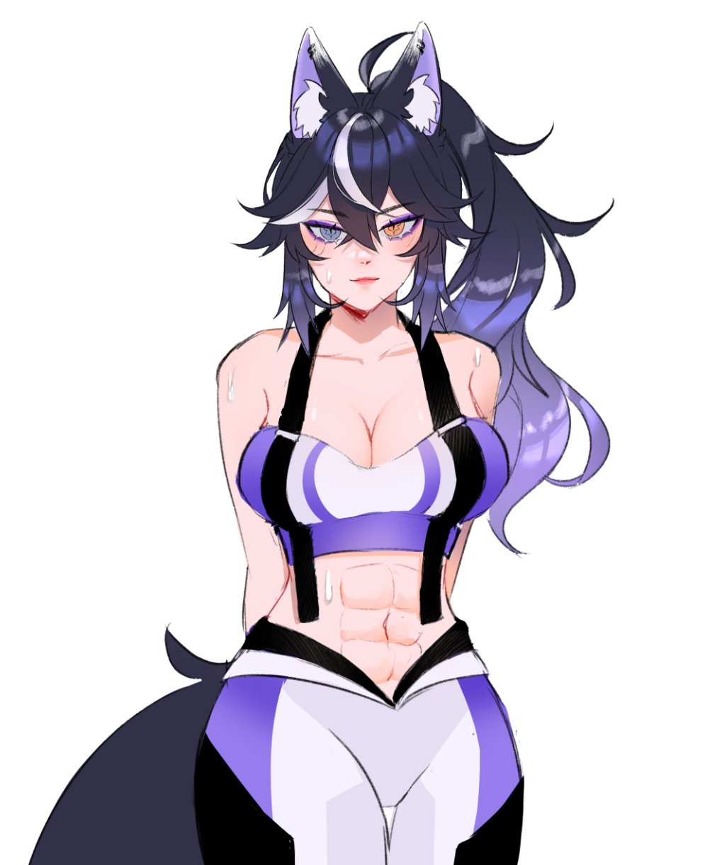 1girl, abs, animal_ear_fluff, animal_ears, breasts, cleavage, collarbone, commentary, english_commentary, eyeshadow, fox_ears, fox_girl, fox_tail, heterochromia, highres, indie_virtual_youtuber, kyaree, kyaree_(vtuber), large_breasts, makeup, midriff, navel, orange_eyes, pants, ponytail, purple_eyes, purple_eyeshadow, solo, sports_bra, suspenders, tail, virtual_youtuber, white_pants