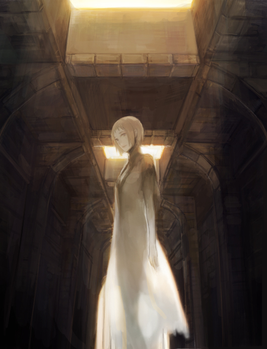 1girl, architecture, breasts, dress, female_focus, grey_hair, ico, medium_breasts