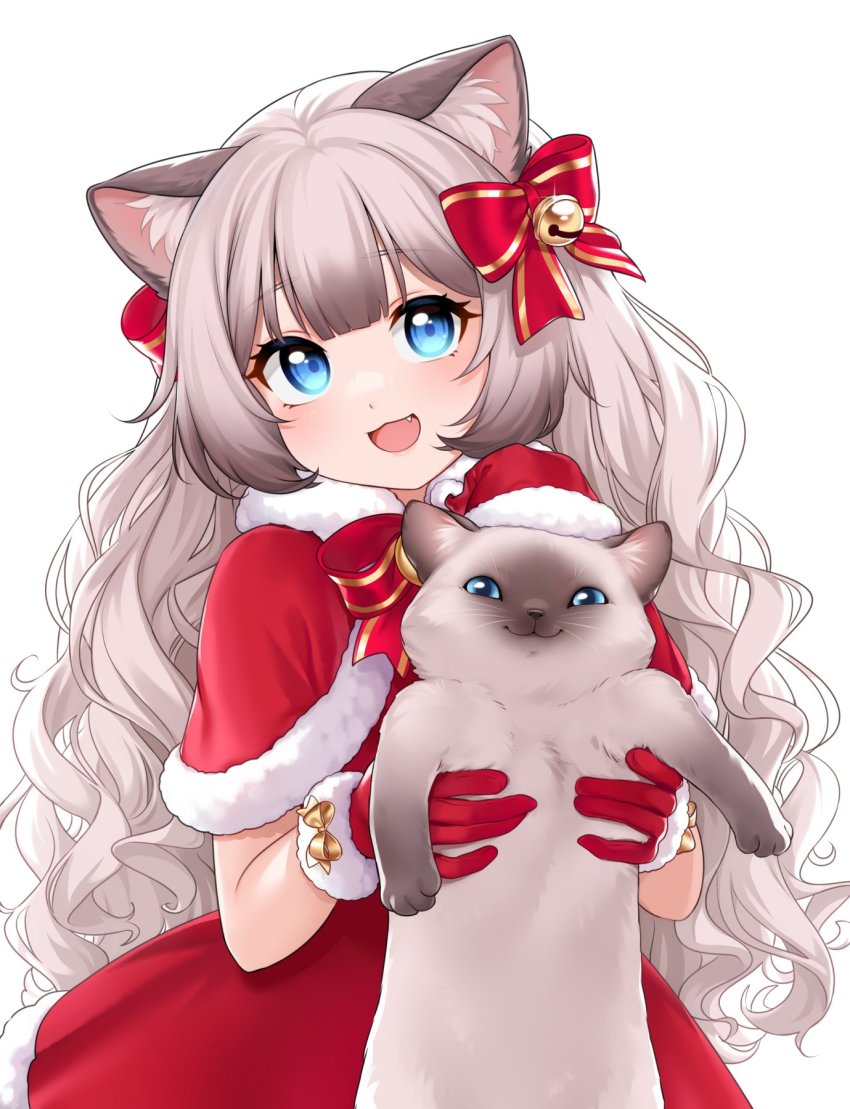 1girl, animal, animal_ears, bell, black_hair, blue_eyes, blush, bow, cat, cat_ears, cat_girl, colorpoint_(pattern), faenibun, fang, gloves, gradient_hair, grey_hair, hair_bow, hat, highres, holding, holding_animal, indie_virtual_youtuber, long_hair, looking_at_viewer, multicolored_hair, nanasae_(vtuber), open_mouth, red_bow, red_gloves, red_hat, santa_costume, santa_hat, siamese_cat, smile, solo, virtual_youtuber, wavy_hair
