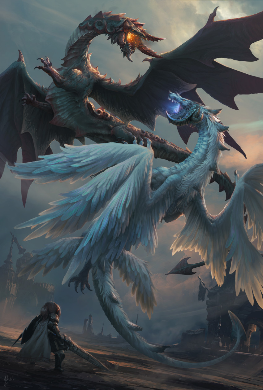 1girl, absurdres, aerial_battle, armor, armored_boots, battle, boots, breath_weapon, breathing_fire, brenda_van_vugt, brown_hair, building, cape, claws, cloud, cloudy_sky, commentary, curled_horns, dragon, english_commentary, facing_away, fantasy, feathered_wings, feathers, fighting_stance, final_fantasy, final_fantasy_xiv, fire, flying, from_behind, full_body, grey_sky, highres, holding, holding_shield, holding_sword, holding_weapon, horns, hraesvelgr_(ff14), lalafell, legs_apart, nidhogg_(ff14), open_mouth, orange_eyes, paladin_(final_fantasy), pauldrons, pointy_ears, ponytail, sharp_teeth, shield, shoulder_armor, signature, sky, slit_pupils, spiked_tail, standing, sword, tail, teeth, warrior_of_light_(ff14), weapon, white_cape, wings, yellow_eyes